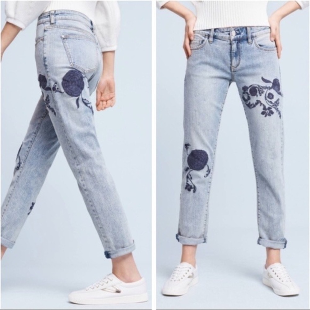 Anthropologie Light Wash Jeans with Navy Floral Embroidery